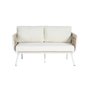 Sofa băng đôi dây rope màu be, khung nhôm trắng, nệm kem, nhìn trực diện