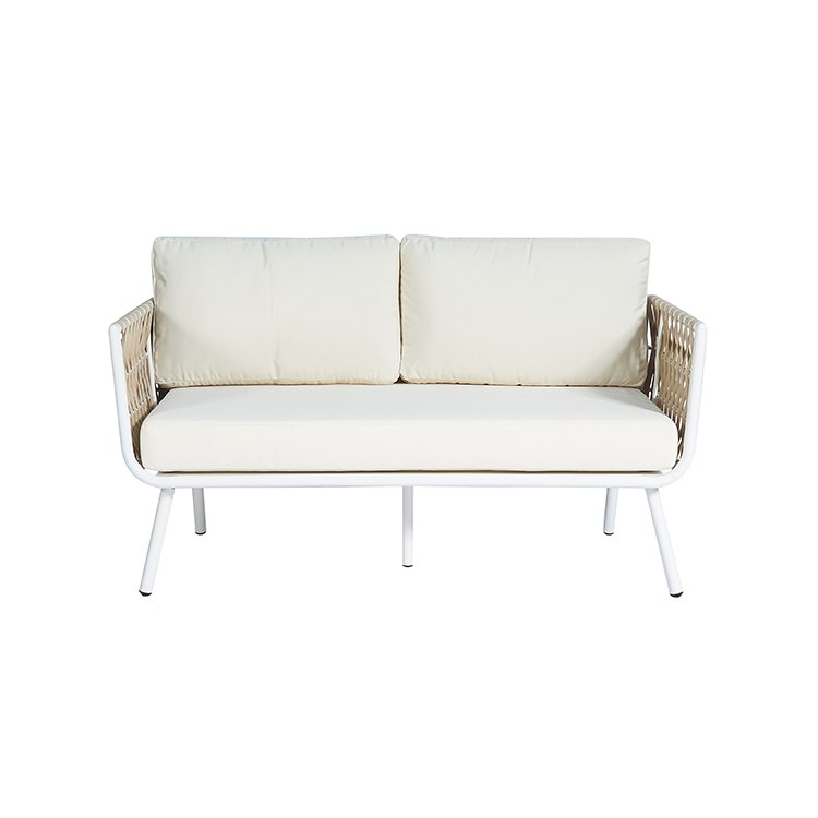 Sofa băng đôi dây rope màu be, khung nhôm trắng, nệm kem, nhìn trực diện