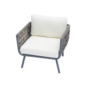 Ghế đơn sofa sân vườn dây đan, nệm trắng dày, kiểu dáng hiện đại