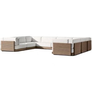 Sofa ngoài trời góc L nệm trắng, khung gỗ teak nan ngang nhìn góc nghiêng