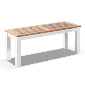 Ghế băng dài sân vườn khung nhôm trắng, mặt gỗ, thiết kế đơn giản hiện đại