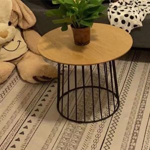Bàn trà tròn mặt gỗ khung sắt, trang trí chậu cây nhỏ, phù hợp không gian trẻ trung