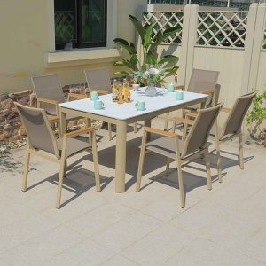 Bộ bàn ghế ngoài trời 6 ghế textilene nâu xám, bàn kính trắng, khung nhôm cao cấp