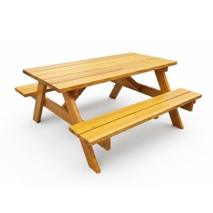 Bàn ghế picnic ngoài trời chữ nhật gỗ tự nhiên, thiết kế liền khối, phù hợp sân vườn, công viên