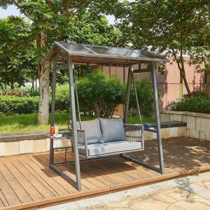 Xích đu sân vườn 2 chỗ, đan dây rope, nệm dày êm ái, có kệ để đồ hai bên, phong cách hiện đại