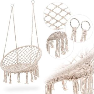 Tổng thể ghế xích đu treo ngoài trời, dây thừng cotton, các chi tiết đan và móc treo