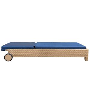 Ghế tắm nắng giả mây nhìn ngang, nệm xanh navy, có bánh xe di chuyển