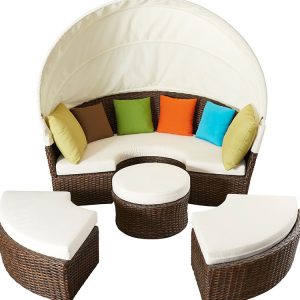 Bộ giường tắm nắng tròn tách rời 4 món: ghế chính, 2 ghế phụ, bàn tròn, có mái che