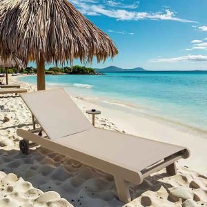 Ghế tắm nắng ngoài trời nhôm lưới textilene trên bãi biển, phù hợp resort
