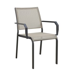 Ghế sân vườn hiện đại khung nhôm, lưới màu be, tay vịn góc cạnh