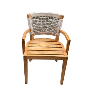 Ghế ăn ngoài trời khung gỗ tự nhiên, lưng đan dây rope, nhìn trực diện