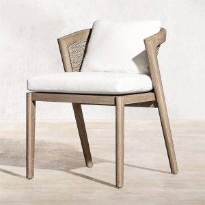 Ghế ăn ngoài trời gỗ teak, đan mây, nệm trắng, phong cách hiện đại