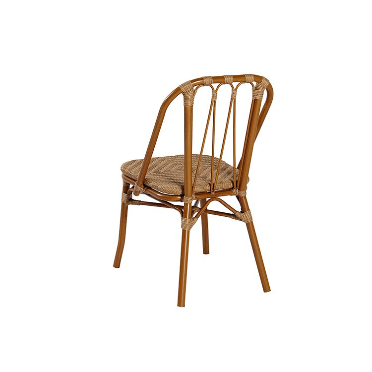 Ghế ngoài trời nhôm giả tre, đan mây, chụp góc sau bên, phù hợp quán cafe, ban công