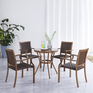 Bộ bàn ghế ngoài trời 5 món, bàn tròn mặt kính, ghế nhôm đan dây nhựa giả mây, thiết kế hiện đại, dễ vệ sinh.