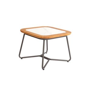 Bàn trà vuông sân vườn mặt đá/ceramic viền gỗ, chân nhôm sơn tĩnh điện