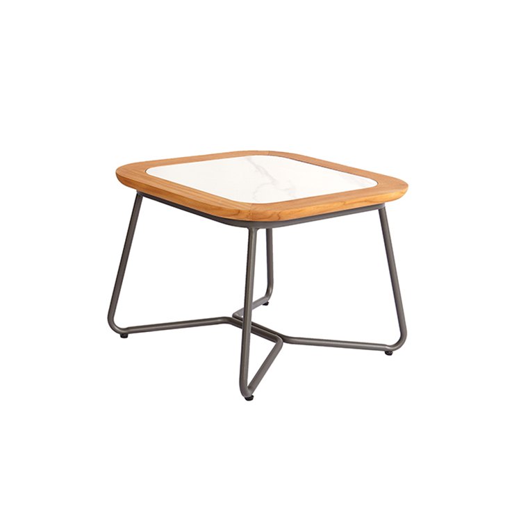 Bàn trà vuông sân vườn mặt đá/ceramic viền gỗ, chân nhôm sơn tĩnh điện