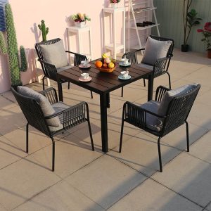 Bộ bàn ghế sân vườn 5 món, dây rope đen, nệm ghi xám, phong cách hiện đại