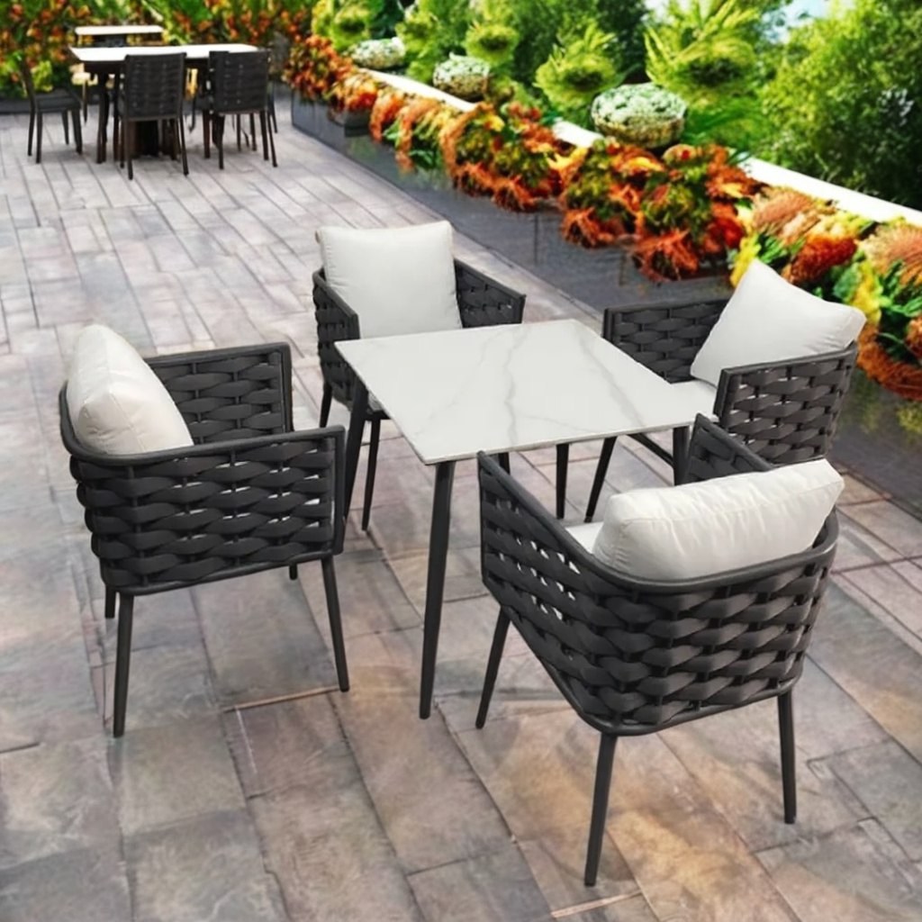 Bộ bàn ghế sân vườn hiện đại, 4 ghế dây đan, bàn mặt kính marble