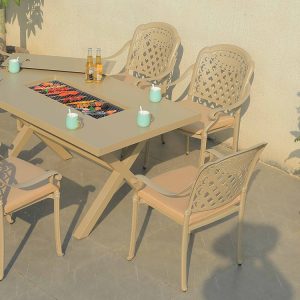 Bộ bàn ghế nhôm đúc ngoài trời 6 ghế, bàn chữ nhật có bếp nướng BBQ, ghế có nệm ngồi