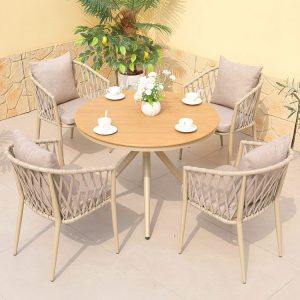 Bộ bàn ghế ngoài trời 5 món bàn tròn, khung nhôm dây rope, nệm ghi