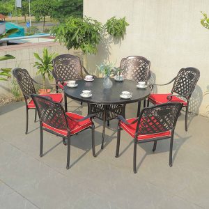 Bộ bàn ghế ngoài trời nhôm đúc 7 món, lưng ghế caro, nệm đỏ nổi bật