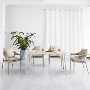 Bộ bàn ghế ngoài trời 5 món đan dây rope, khung nhôm, nệm dày màu be sang trọng