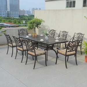 Bộ bàn ghế sân vườn nhôm đúc, 8 ghế tựa hoa văn, bàn chữ nhật lớn ngoài trời