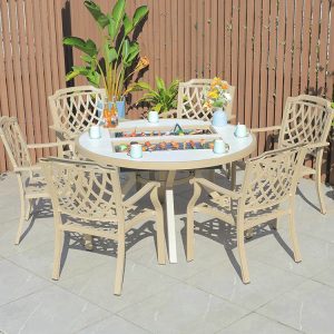 Bộ bàn ghế sân vườn nhôm 6 ghế lưng caro đan chéo, bàn tròn tích hợp bếp nướng BBQ