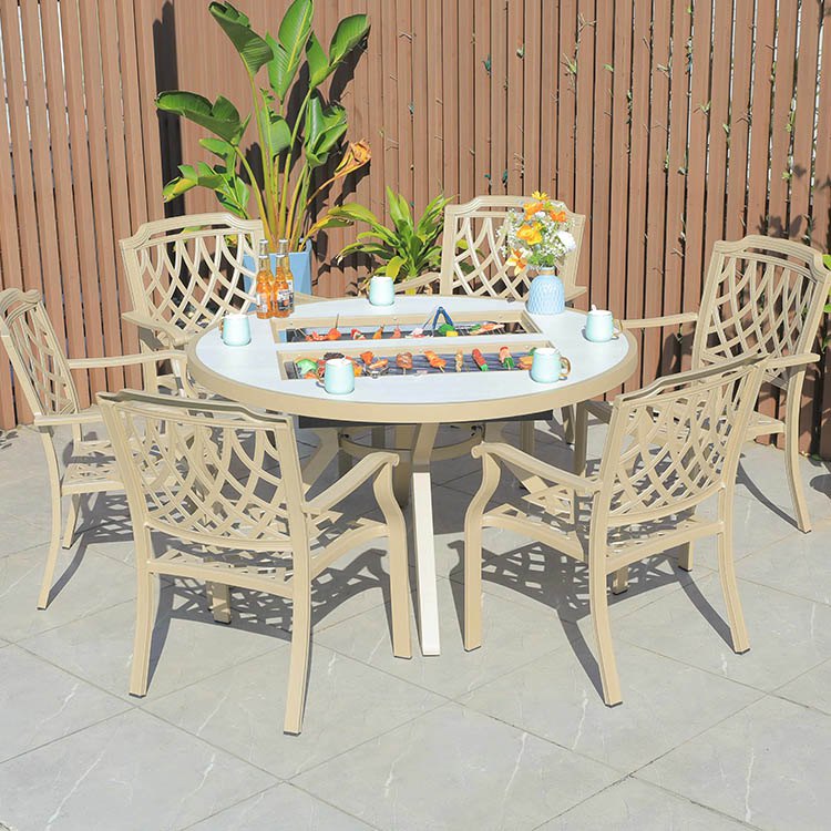 Bộ bàn ghế sân vườn nhôm 6 ghế lưng caro đan chéo, bàn tròn tích hợp bếp nướng BBQ