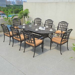 Bộ bàn ghế sân vườn nhôm đúc 8 ghế, tựa lưng lưới vuông, nệm kem, kiểu dáng sang trọng