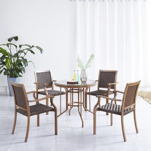 Bộ bàn ghế sân vườn 4 ghế 1 bàn tròn kính, khung nhôm giả gỗ, đan mây nhựa, phong cách hiện đại