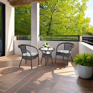 Bộ bàn ghế giả mây 3 món, bàn tròn nhỏ, ghế có nệm, lý tưởng cho ban công, sân thượng