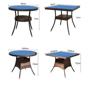Kích thước bàn sân vườn nhựa giả mây: tròn 80x72cm, vuông 80x80x72cm, tròn lớn 70/90x72cm, vuông lớn 70/90x70/90x72cm