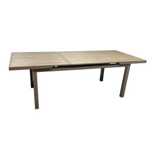 Bàn ăn ngoài trời mặt gỗ teak mở rộng, khung nhôm màu sáng sang trọng