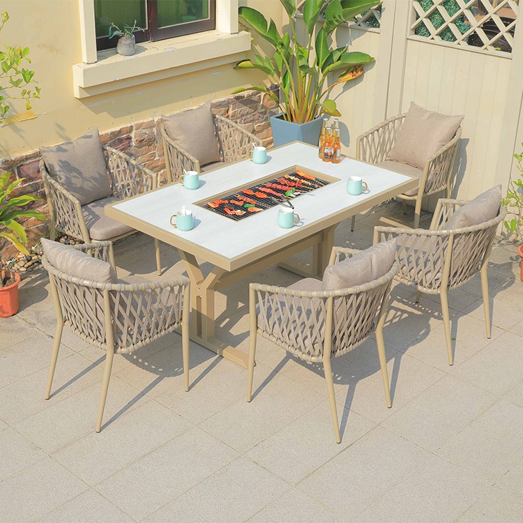 Bộ bàn ghế ngoài trời 7 món khung nhôm, ghế dây rope nệm êm, bàn BBQ hiện đại