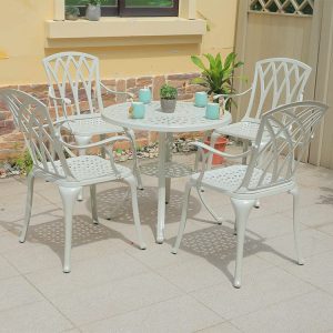 Bộ bàn ghế nhôm đúc 5 món, thiết kế lưng ghế hoa văn, màu trắng kem