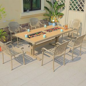 Bộ bàn ghế ngoài trời 7 món, ghế nhôm đúc lưng lưới, bàn dài có bếp nướng BBQ