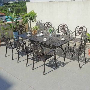 Bộ bàn ghế ngoài trời nhôm đúc 8 ghế tựa hoa văn, không nệm, bàn lớn phù hợp tiệc ngoài trời