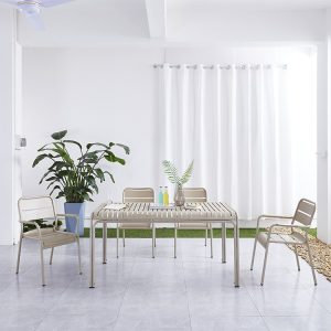Bộ bàn ghế nhôm sơn tĩnh điện màu be, 6 ghế đơn, phù hợp không gian ngoài trời hoặc trong nhà