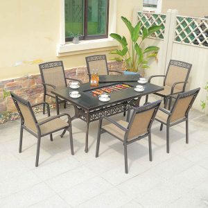Bộ bàn ghế ngoài trời 6 ghế nhôm đúc phối textilene, bàn chữ nhật có bếp nướng BBQ, màu nâu đồng