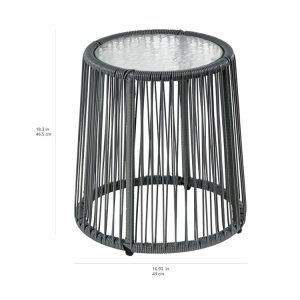 Bàn tròn ngoài trời mặt kính cường lực, khung dây nhựa giả mây, kích thước 46.5x43cm