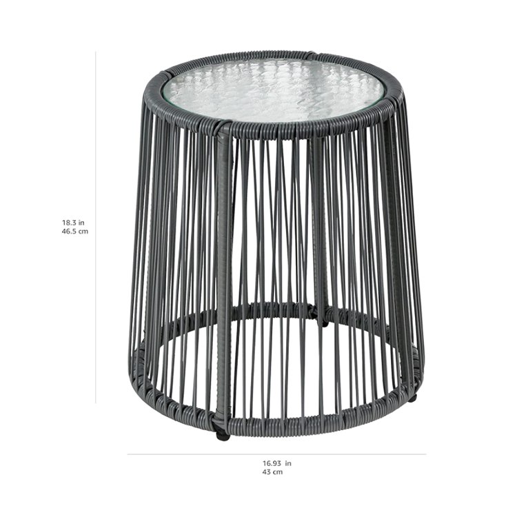 Bàn tròn ngoài trời mặt kính cường lực, khung dây nhựa giả mây, kích thước 46.5x43cm