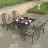 Bộ bàn ghế ăn ngoài trời nhôm đúc 4 ghế, bàn vuông tích hợp bếp nướng BBQ, nệm sọc vàng nâu