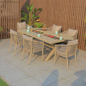Bộ bàn ghế sân vườn 6 ghế dây rope có nệm, bàn nhôm tích hợp bếp nướng BBQ cao cấp