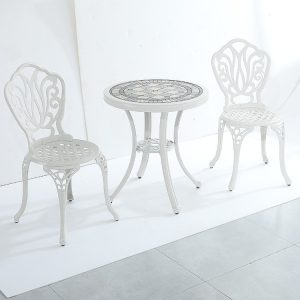 Bộ bàn ghế nhôm đúc 3 món, mặt bàn mosaic sang trọng, phù hợp ban công hoặc sân vườn