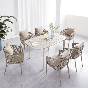 Bộ bàn ghế sân vườn 7 món dây rope bản lớn, khung nhôm, nệm tựa dày dặn