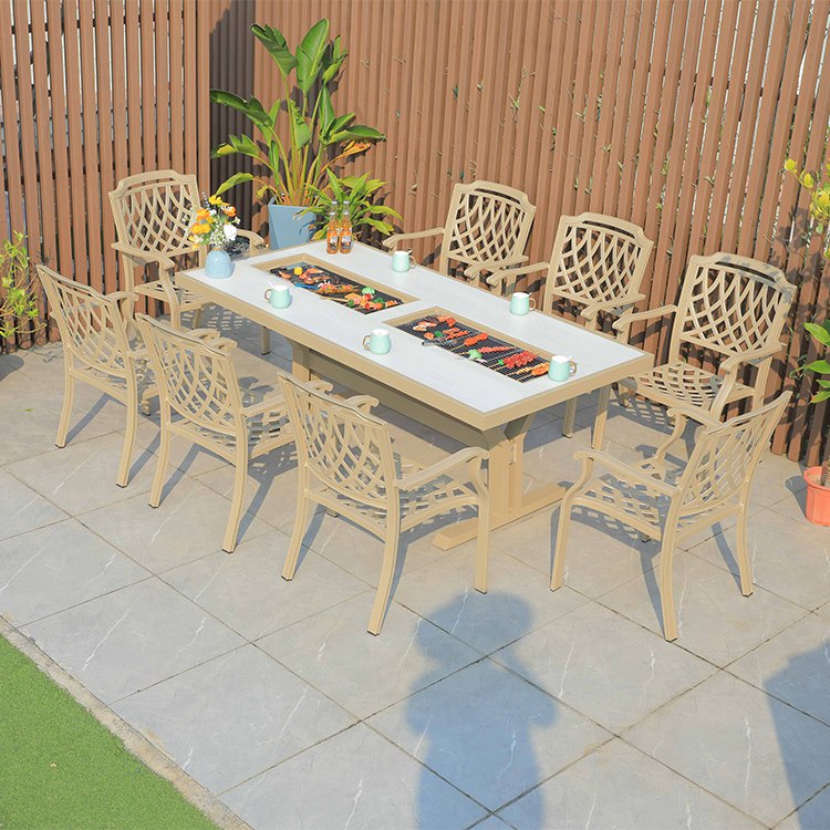 Bộ bàn ăn sân vườn nhôm đúc 8 ghế lưng caro, bàn dài có bếp nướng BBQ