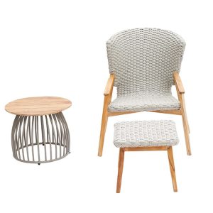 Bộ ghế thư giãn ngoài trời gỗ teak đan dây rope kèm bàn tròn mặt gỗ, phối cảnh tối giản