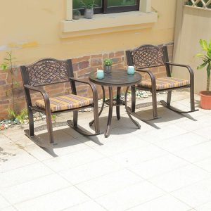 Bộ bàn ghế sân vườn nhôm đúc, bàn tròn nhỏ, ghế bập bênh nệm sọc vàng-nâu