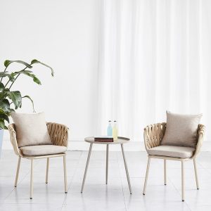 Bộ bàn ghế sân vườn dây rope bản to, nệm be, thiết kế hiện đại